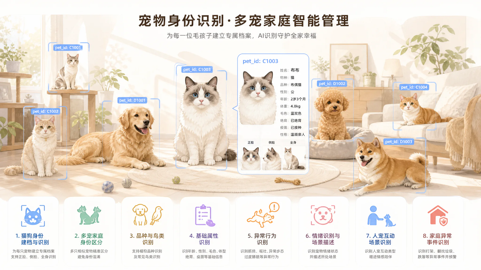 宠物身份识别方案图:客厅里多只猫狗各自带着 pet_id 标签,右侧展开一只布偶猫的身份档案卡,下方列出八项识别能力